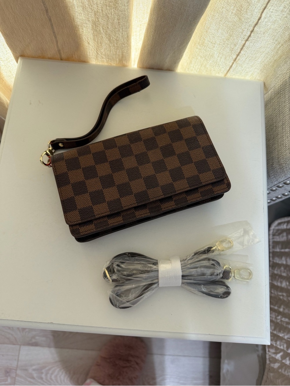 Brown Checker Wristlet Crossbody Wallet